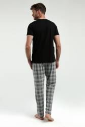Arnetta %100 Pamuklu Kısakol Siyah T-shirt ve Ekoseli Cepli Erkek Pijama Takım - Thumbnail