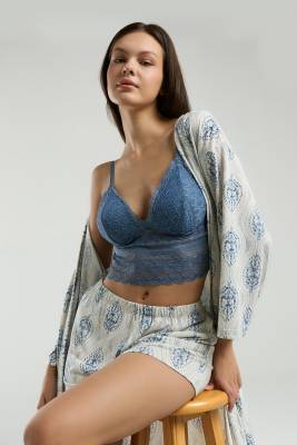 Arnetta - Arnetta 3'lü Ev Giyim, Sabahlık, Dantelli Bralet, Şort Set