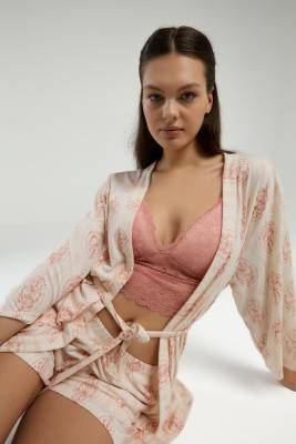 Arnetta 3'lü Ev Giyim, Sabahlık, Dantelli Bralet, Şort Set - 5