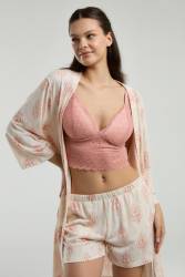 Arnetta 3'lü Ev Giyim, Sabahlık, Dantelli Bralet, Şort Set - Thumbnail
