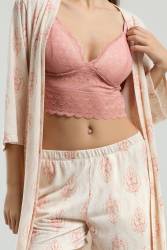 Arnetta 3'lü Ev Giyim, Sabahlık, Dantelli Bralet, Şort Set - Thumbnail