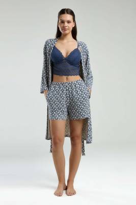 Arnetta 3'lü Takım, Sabahlık, Dantelli Bralet, Cepli Şort Set - 5