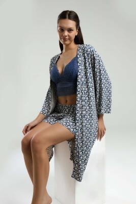 Arnetta 3'lü Takım, Sabahlık, Dantelli Bralet, Cepli Şort Set - 1