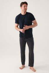 Arnetta Çizgili Bisiklet Yaka Yazlık Erkek Pijama Takımı, Büyük Beden Pijama Takımı, %100 Pamuk - Thumbnail