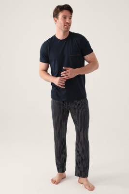 Arnetta - Arnetta Çizgili Bisiklet Yaka Yazlık Erkek Pijama Takımı, Büyük Beden Pijama Takımı, %100 Pamuk