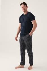 Arnetta Çizgili Bisiklet Yaka Yazlık Erkek Pijama Takımı, Büyük Beden Pijama Takımı, %100 Pamuk - Thumbnail