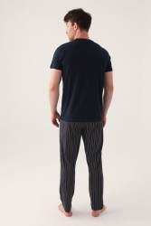 Arnetta Çizgili Bisiklet Yaka Yazlık Erkek Pijama Takımı, Büyük Beden Pijama Takımı, %100 Pamuk - Thumbnail