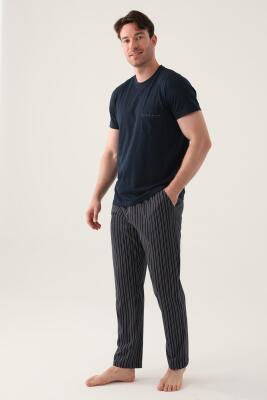 Arnetta Çizgili Bisiklet Yaka Yazlık Erkek Pijama Takımı, Büyük Beden Pijama Takımı, %100 Pamuk - 2