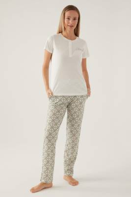 Arnetta - Arnetta Düğmeli Bisiklet Yaka Yazlık Kadın Pijama Takımı, %100 Pamuklu Pijama