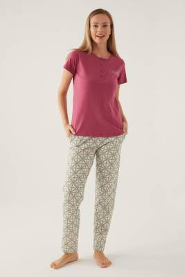 Arnetta Düğmeli Bisiklet Yaka Yazlık Kadın Pijama Takımı, %100 Pamuklu Pijama  - 5