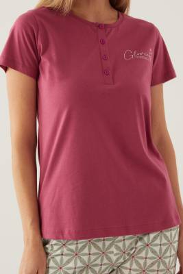 Arnetta Düğmeli Bisiklet Yaka Yazlık Kadın Pijama Takımı, %100 Pamuklu Pijama  - 7