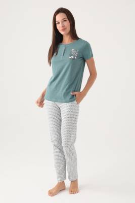 Arnetta - Arnetta Düğmeli Yaka Cepli Kadın Pijama Takımı, Büyük Beden Pijama Takımı, %100 Pamuk Kadın Pijama