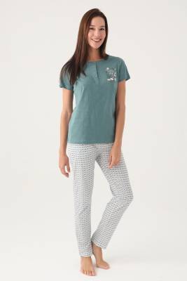 Arnetta Düğmeli Yaka Cepli Kadın Pijama Takımı, Büyük Beden Pijama Takımı, %100 Pamuk Kadın Pijama - 3