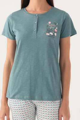 Arnetta Düğmeli Yaka Cepli Kadın Pijama Takımı, Büyük Beden Pijama Takımı, %100 Pamuk Kadın Pijama - 4