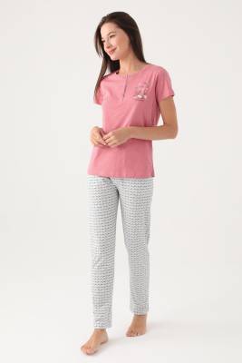 Arnetta Düğmeli Yaka Cepli Kadın Pijama Takımı, Büyük Beden Pijama Takımı, %100 Pamuk Kadın Pijama - 6