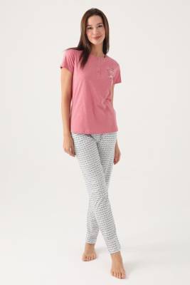 Arnetta Düğmeli Yaka Cepli Kadın Pijama Takımı, Büyük Beden Pijama Takımı, %100 Pamuk Kadın Pijama - 7