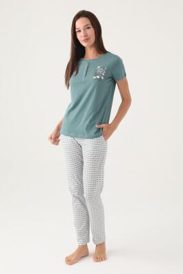 Arnetta Düğmeli Yaka Cepli Kadın Pijama Takımı, Büyük Beden Pijama Takımı, %100 Pamuk Kadın Pijama - 1