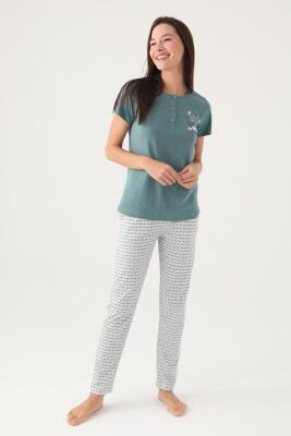 Arnetta Düğmeli Yaka Cepli Kadın Pijama Takımı, Büyük Beden Pijama Takımı, %100 Pamuk Kadın Pijama - 2