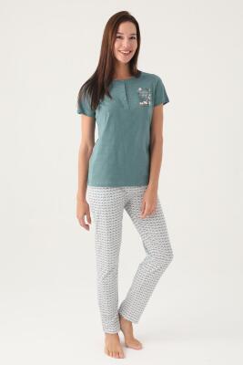 Arnetta Düğmeli Yaka Cepli Kadın Pijama Takımı, Büyük Beden Pijama Takımı, %100 Pamuk Kadın Pijama - 3