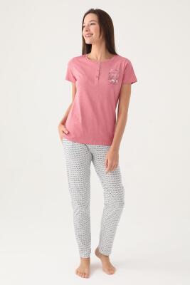 Arnetta Düğmeli Yaka Cepli Kadın Pijama Takımı, Büyük Beden Pijama Takımı, %100 Pamuk Kadın Pijama - 5