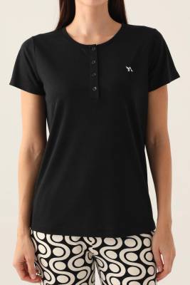 Arnetta Düğmeli Yaka Geometrik Desenli Kadın Pijama Takımı,Büyük Beden Pijama, %100 Pamuklu - 3