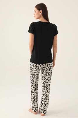 Arnetta Düğmeli Yaka Geometrik Desenli Kadın Pijama Takımı,Büyük Beden Pijama, %100 Pamuklu - 4