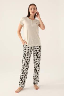 Arnetta Düğmeli Yaka Geometrik Desenli Kadın Pijama Takımı,Büyük Beden Pijama, %100 Pamuklu - 5