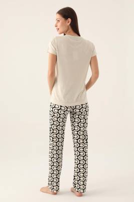 Arnetta Düğmeli Yaka Geometrik Desenli Kadın Pijama Takımı,Büyük Beden Pijama, %100 Pamuklu - 8