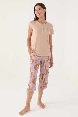 Arnetta - Arnetta Düğmeli Yaka Kısa Kol Kapri Takım, Büyük Beden Kapri, %100 Pamuk