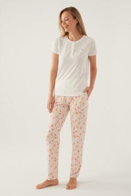 Arnetta Düğmeli Yaka Pamuklu Kadın Pijama Takımı, Büyük Beden Pijama , %100 Pamuklu - 4