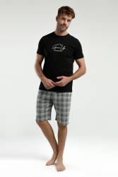 Arnetta Erkek Büyük Beden Ekoseli Bermuda Şort ve T-shirt Takım, %100 Pamuk, cep Detaylı - Thumbnail