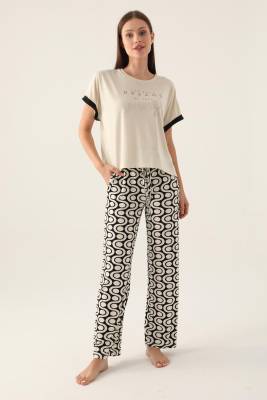 Arnetta - Arnetta Geometrik Desenli Cepli Yazlık Kadın Pijama Takımı, %100 pamuk