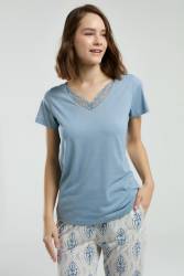 Arnetta Kadın Büyük Beden Pijama Takım, Dantel V Yaka Yazlık Pijama Takım - Thumbnail