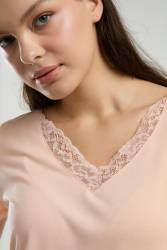 Arnetta Kadın Büyük Beden Pijama Takım, Dantel V Yaka Yazlık Pijama Takım - Thumbnail