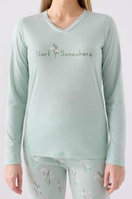 Arnetta Kadın Nil Yeşili V Yakalı Uzunkol Cepli Pijama Takım, Viskon Dokuma - 4