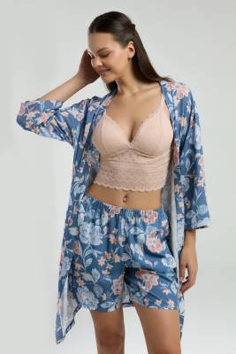 Arnetta - Arnetta Kadın Sabahlık Bralet Sütyen ve Şort Set, %100 Viskon Kumaş 3'lü Takım 