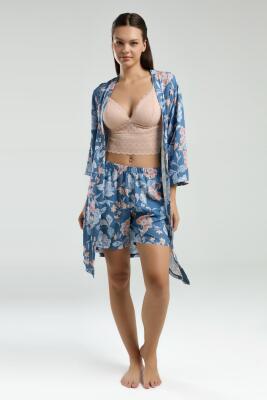 Arnetta Kadın Sabahlık Bralet Sütyen ve Şort Set, %100 Viskon Kumaş 3'lü Takım  - 2