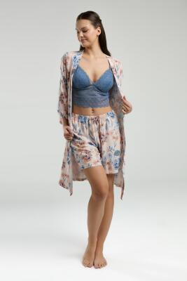 Arnetta Kadın Sabahlık Bralet Sütyen ve Şort Set, %100 Viskon Kumaş 3'lü Takım - 6