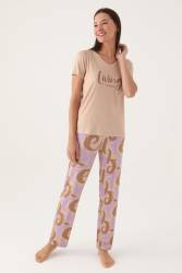 Arnetta Kısa Kol V Yaka Yazlık Kadın Pijama Takımı, %100 Pamuk - Thumbnail