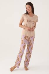 Arnetta Kısa Kol V Yaka Yazlık Kadın Pijama Takımı, %100 Pamuk - Thumbnail