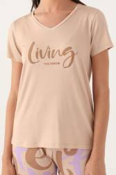 Arnetta Kısa Kol V Yaka Yazlık Kadın Pijama Takımı, %100 Pamuk - Thumbnail