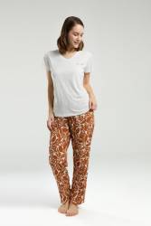 Arnetta Üst Düz Krem Alt Desenli Kahverengi Yazlık Pijama Takım, Dep Detaylı - Thumbnail