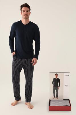 Arnetta Uzunkol Kuutulu Erkek Pijama Takım, %100 Pamuk, Büyük Beden Erkek Pijama Takım - 1