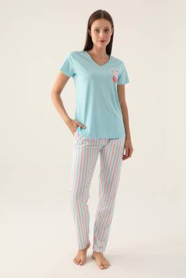 Arnetta - Arnetta V Yaka Çizgili Kadın Pijama Takımı, %100 Pamuklu