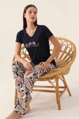 Arnetta - Arnetta V Yaka Yandan Cepli Kadın Pijama Takımı, %100 Pamuklu Pijama Takımı (1)
