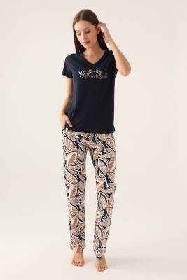 Arnetta - Arnetta V Yaka Yandan Cepli Kadın Pijama Takımı, %100 Pamuklu Pijama Takımı