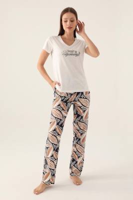 Arnetta - Arnetta V Yaka Yandan Cepli Kadın Pijama Takımı, %100 Pamuklu Pijama Takımı