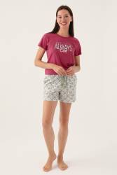 Arnetta Yazı Baskılı Kadın Şort Takımı, %100 Pamuklu - Thumbnail