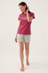 Arnetta Yazı Baskılı Kadın Şort Takımı, %100 Pamuklu - Thumbnail
