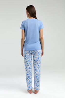 Arnetta Yazlık Açık Mavi Pijama Takım, Düğmeli Yaka, Kısakol, Cepli ve Baskılı - 5